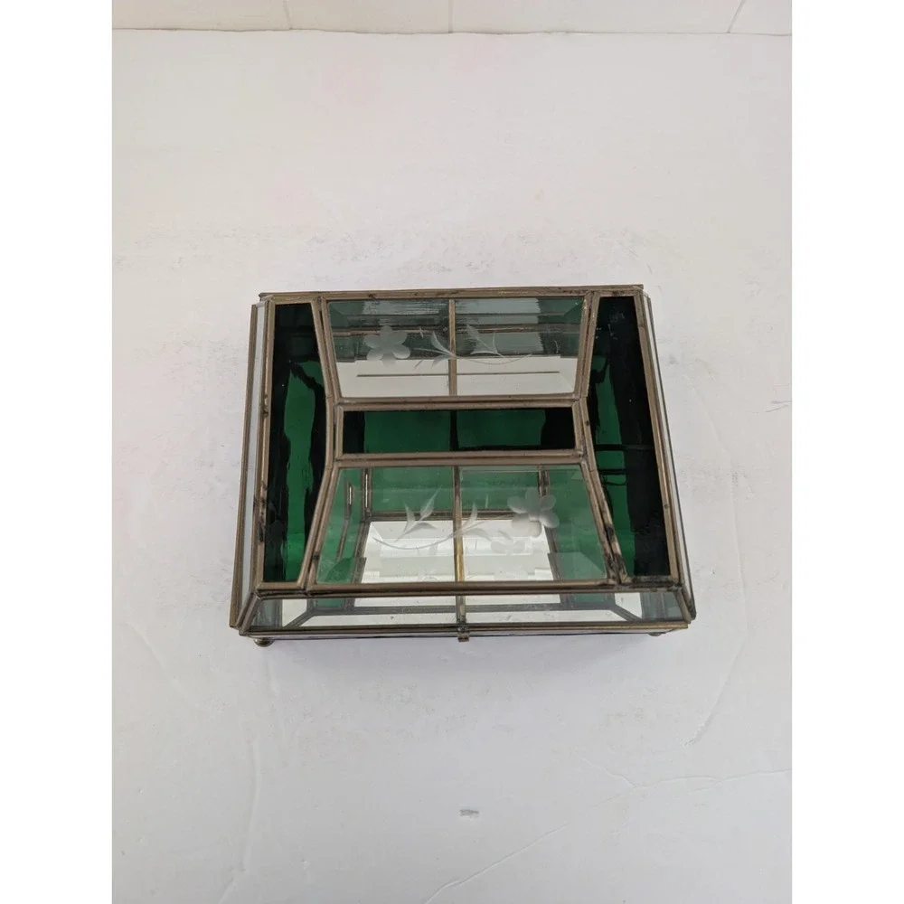 Jewelry Box Etched Floral Stained Glass Green Clear Vintage Glass Trinket FLAW - Picture 5 of 16